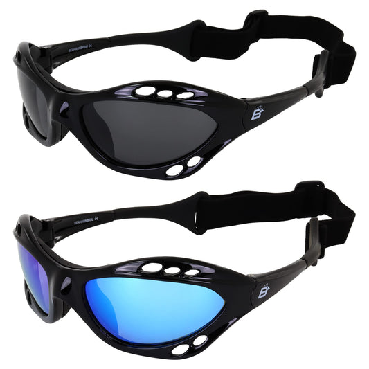 2 Pair Seahawk Polarized Sunglasses Jet Ski Goggles Sport Kite-Boarding, Surfing, Kayaking,1 Black with Blue Lenses and 1 Black with Smoke Lenses